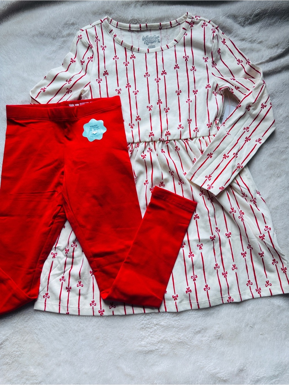 wonder nation White and Red Bow Stripe Dress Set with Red Leggings